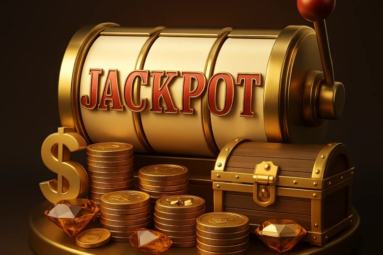 Ilustrasi 3D mesin slot digital mewah dengan simbol maxwin, koin emas berjatuhan, dan latar penuh kilau neon bertema kemenangan besar di GOCAP4D